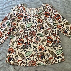 Graphic Brown and Orange 3/4 Sleeve Relaxed Blouse